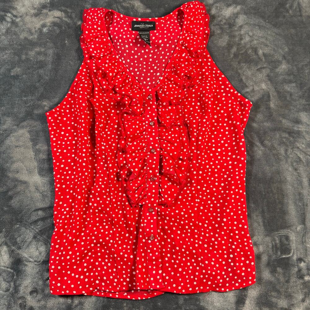 Jennifer Lauren Red Polka Dot Ruffle Sleeveless Blouse M
